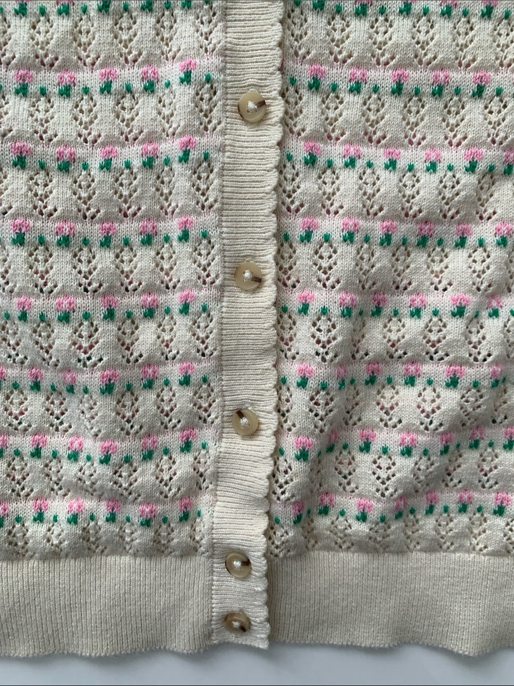 Boden Dot Pointelle Cardigan XL Cream Pink Green Cotton Puff Sleeve Sweater - Picture 15 of 15